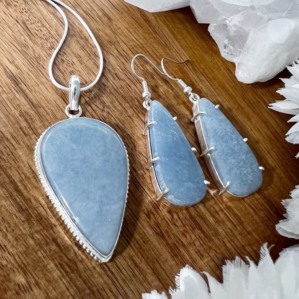 Angelite Pendant and Earrings Set Solid Sterling Silver 925 Handmade New - Picture 2 of 11
